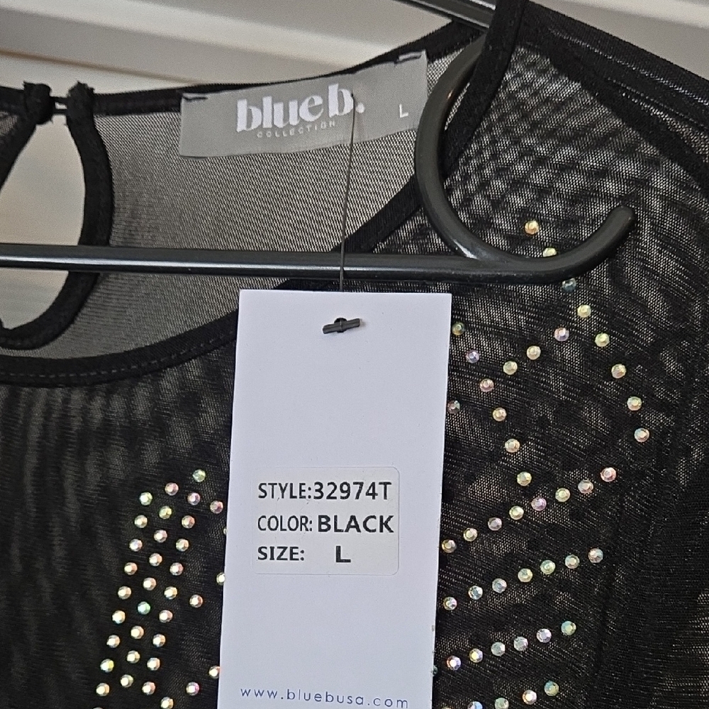 Blue B. Embellished Black Mesh Top with Rhinestones - Picture 2 of 4